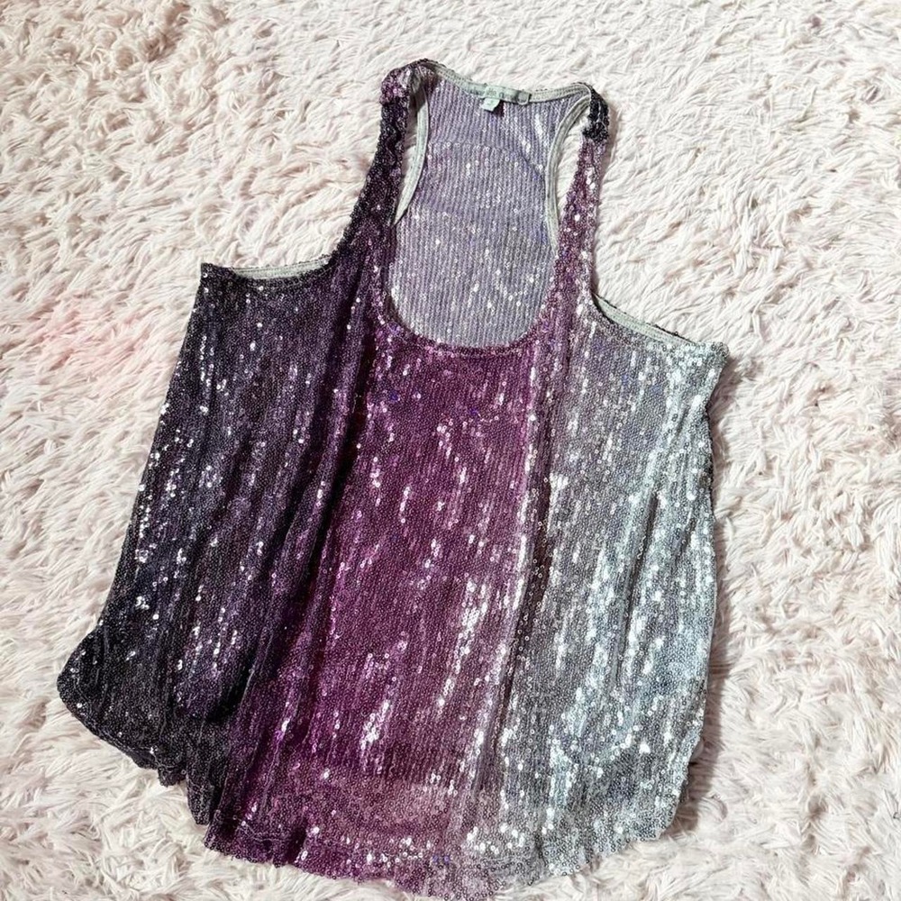 Sequin Glam Ombré Sheer Whimsical Goddess Oversized Racerback Tank Womens S